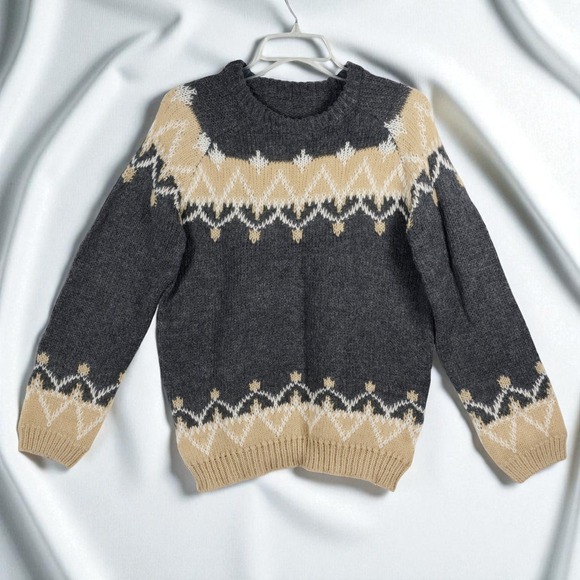 Sweaters - Vintage Mohair Knit Sweater Women's Small Gray Beige Fair Isle Pattern Crew Neck